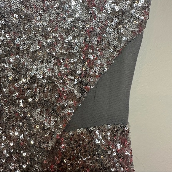 Bebe Silver Sequin Bodycon Sleeveless Mini Dress with Mesh Cutouts - Picture 14 of 14